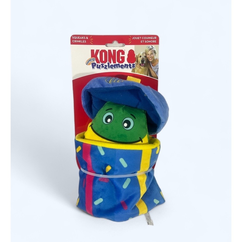 KONG Puzzlements Surprise Present 2 in 1 Squeaky Crinkle Dog Puzzle Toy 9x6"
